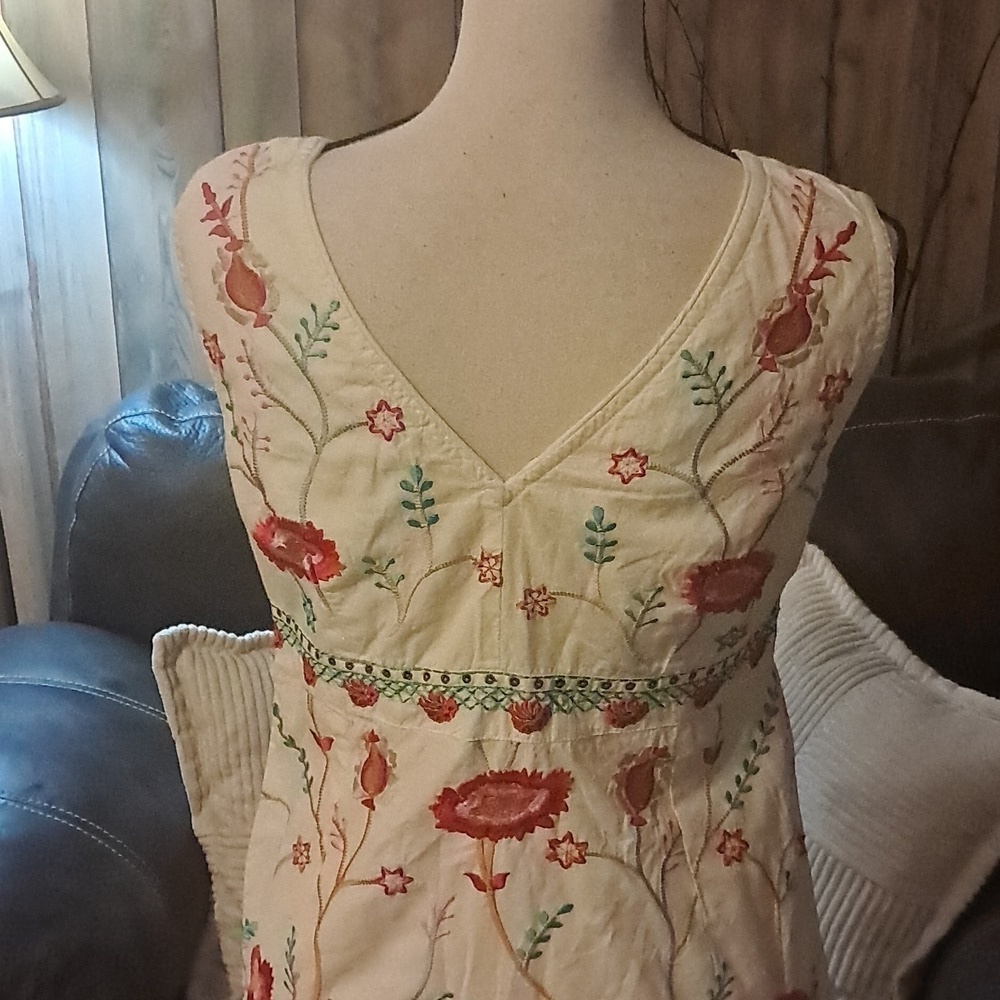 Floral Embroidered Midi Dress Cream/Red Size M Boho Festival Hippie Cottagecore - Picture 7 of 8